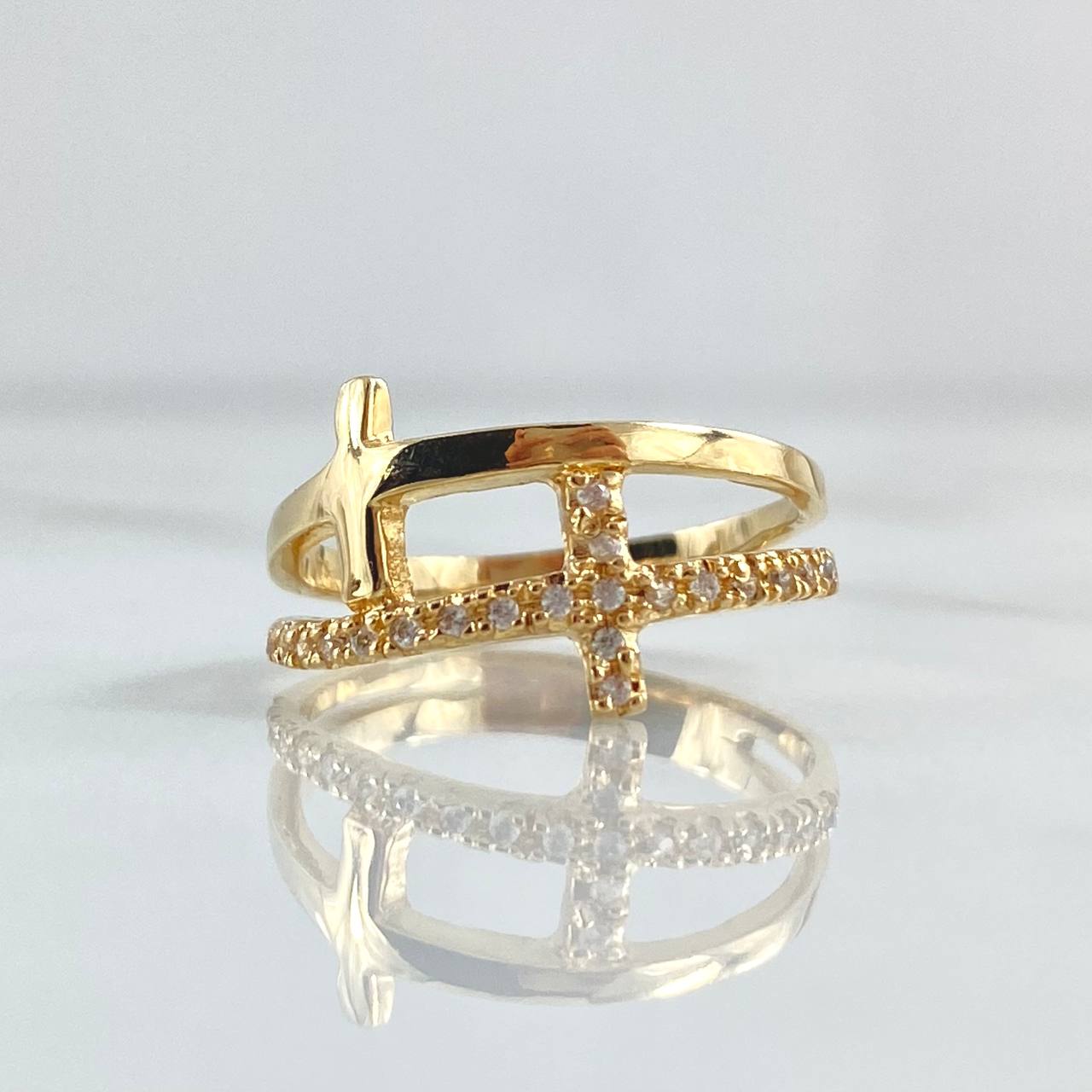 Anillo Cruz Doble 3.05gr / T6 1/2 / Circones Blancos Oro Amarillo 18K