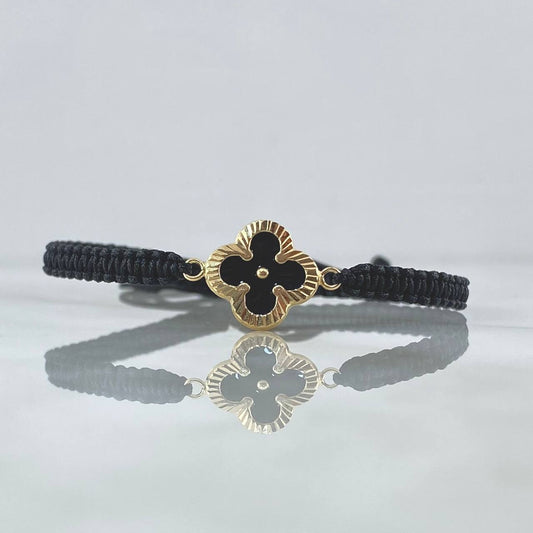 Pulsera Negra Herraje Trébol VCyA 0.95gr / Diamantado Oro Amarillo 18K