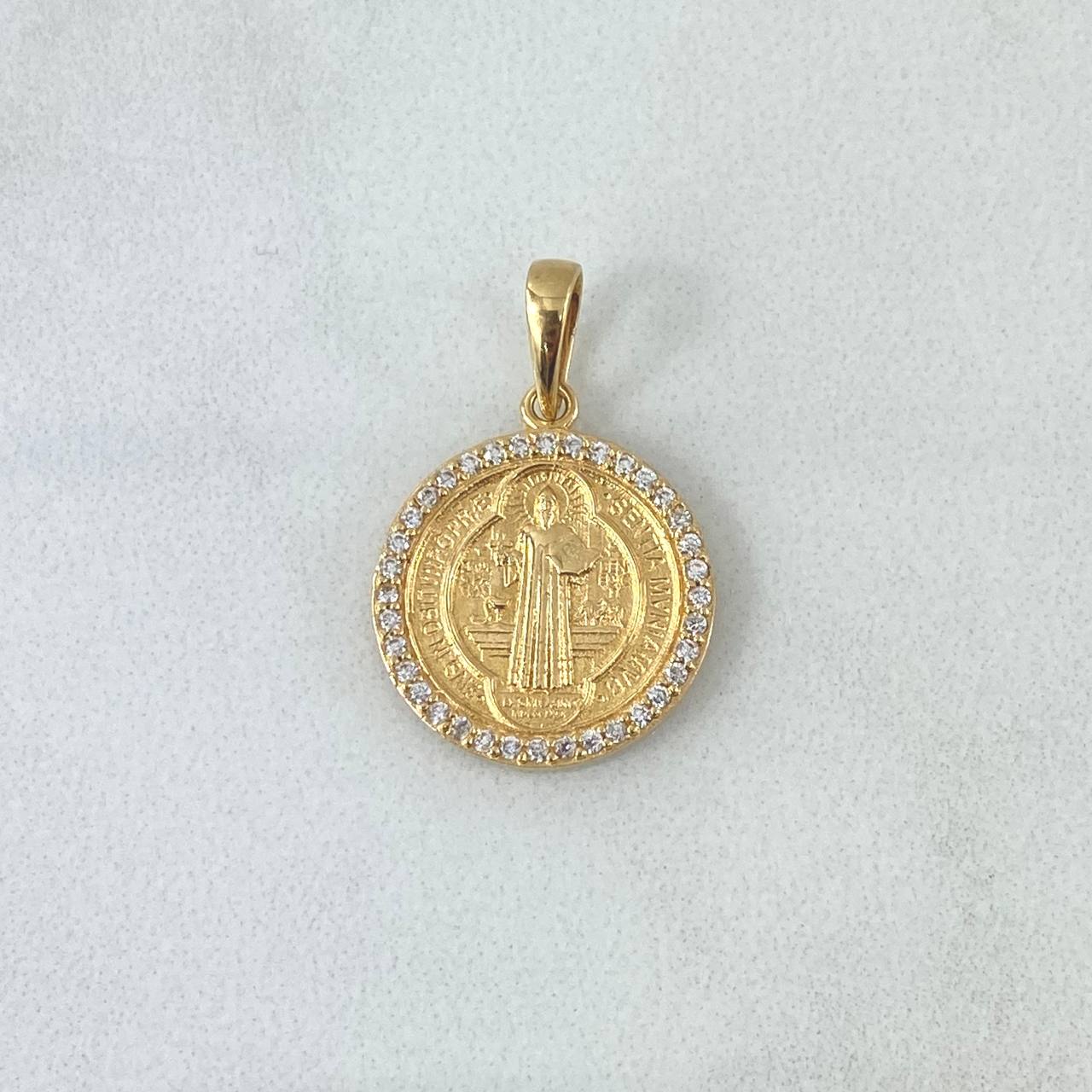 Dije Medalla San Benito 2.15gr / 2.2cm / Circones Blancos Oro Amarillo 18K