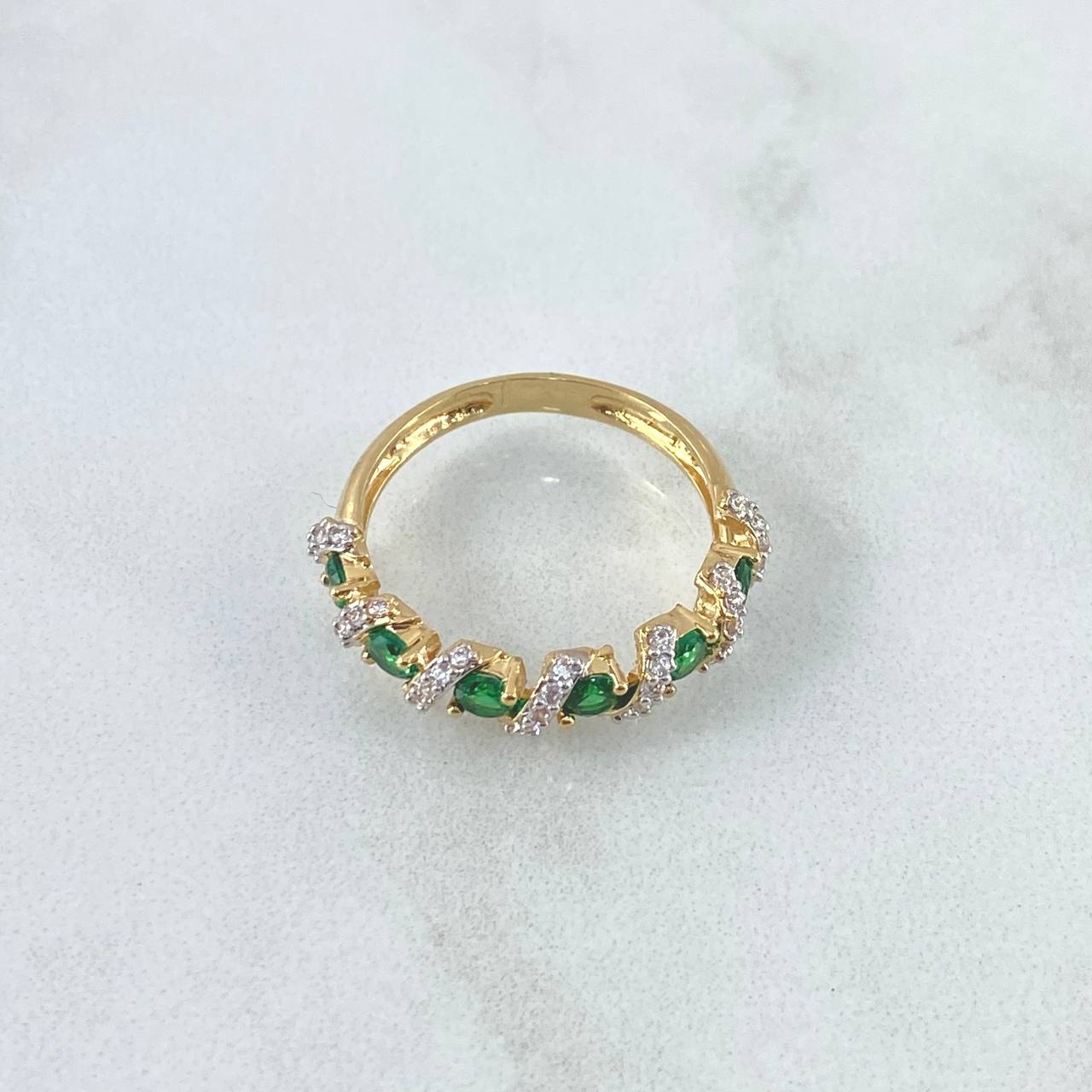 Anillo Trenza Curva 3.1gr / T7 / Circones Blancos Verdes Oro Amarillo 18K