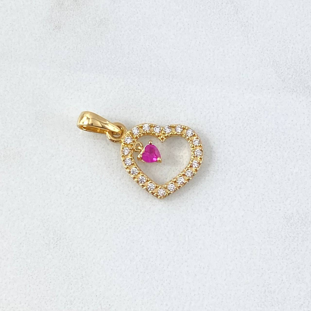 Dije Corazón Interno Colgante 1.55gr / 2.3cm / Circones Blancos - Fucsia Oro Amarillo 18K