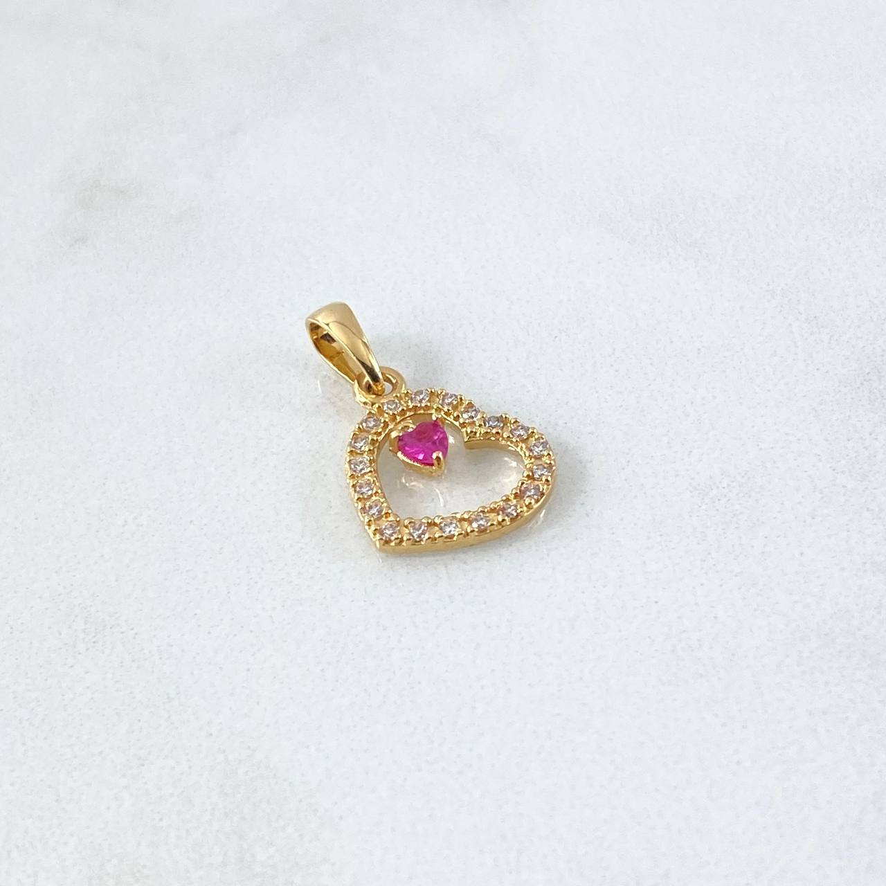 Dije Corazón Interno Colgante 1.55gr / 2.3cm / Circones Blancos - Fucsia Oro Amarillo 18K