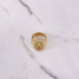 Anillo Virgen De Guadalupe 10.85gr / T10 1/4 / Circones Verdes Fucsias Blancos Oro Amarillo &