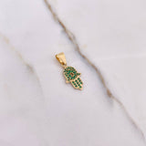 Dije Mano Hamsa 1.05gr / 2.1cm / Circones Verdes Oro Amarillo $