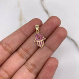 Dije Mano Hamsa 1.05gr / 2.2cm / Circones Fucsias Oro Amarillo $