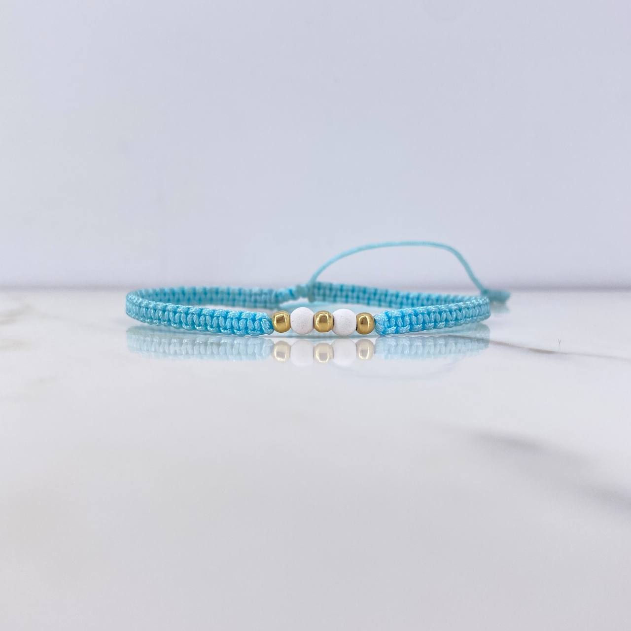 Pulsera Azul Bolas 0.15gr / 3mm Bolas Neoprenos Blancos Oro Amarillo &