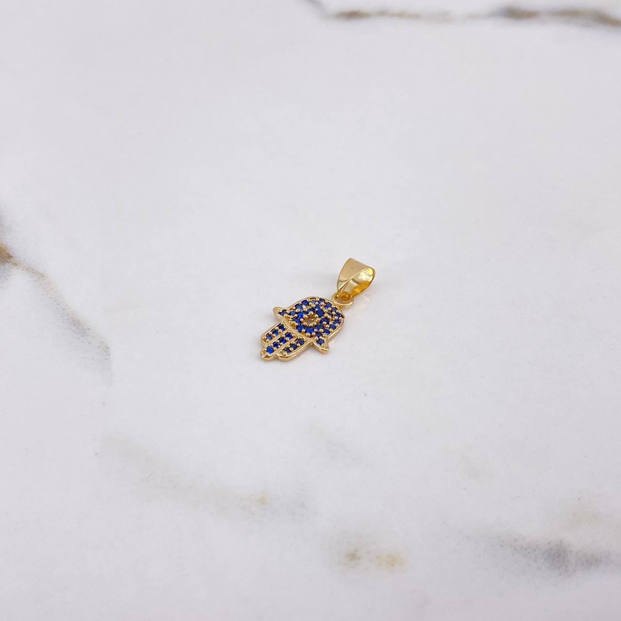 Dije Mano Hamsa 1.15gr / 2.1cm / Circones Azules Oro Amarillo &