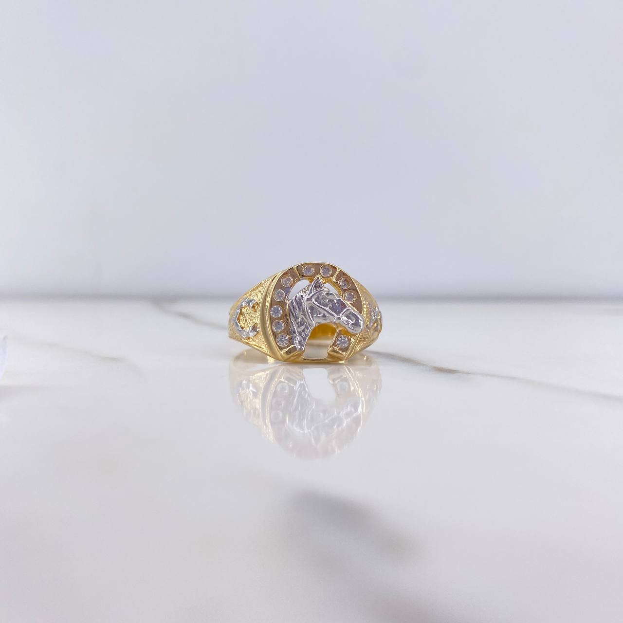 Anillo Herradura Caballo 5.9gr / T9 3/4 / Circones Blancos Dos Oros Amarillo Blanco &