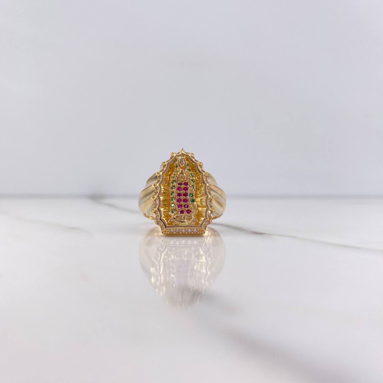 Anillo Virgen Guadalupe 6.85gr / T8 / Circones Fucsias Verdes Blancos Oro Amarillo $