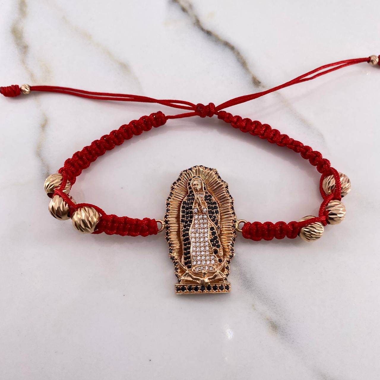 Pulsera Roja Herraje Virgen Guadalupe 11.35gr / 7mm Circones Negros Blancos Bolas Diamantadas Oro Rosa &