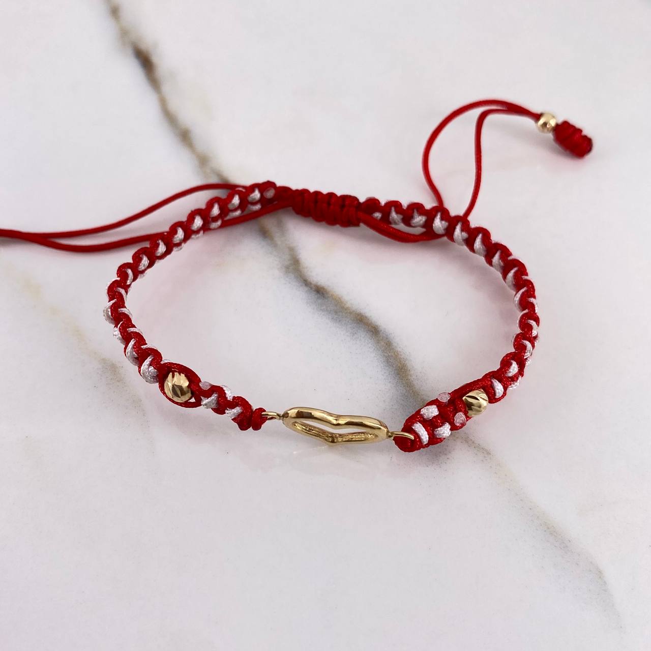 Pulsera Rojo Blanco Herraje Silueta Corazon 0.85gr / 3mm-4mm Bolas Diamantadas Oro Amarillo &