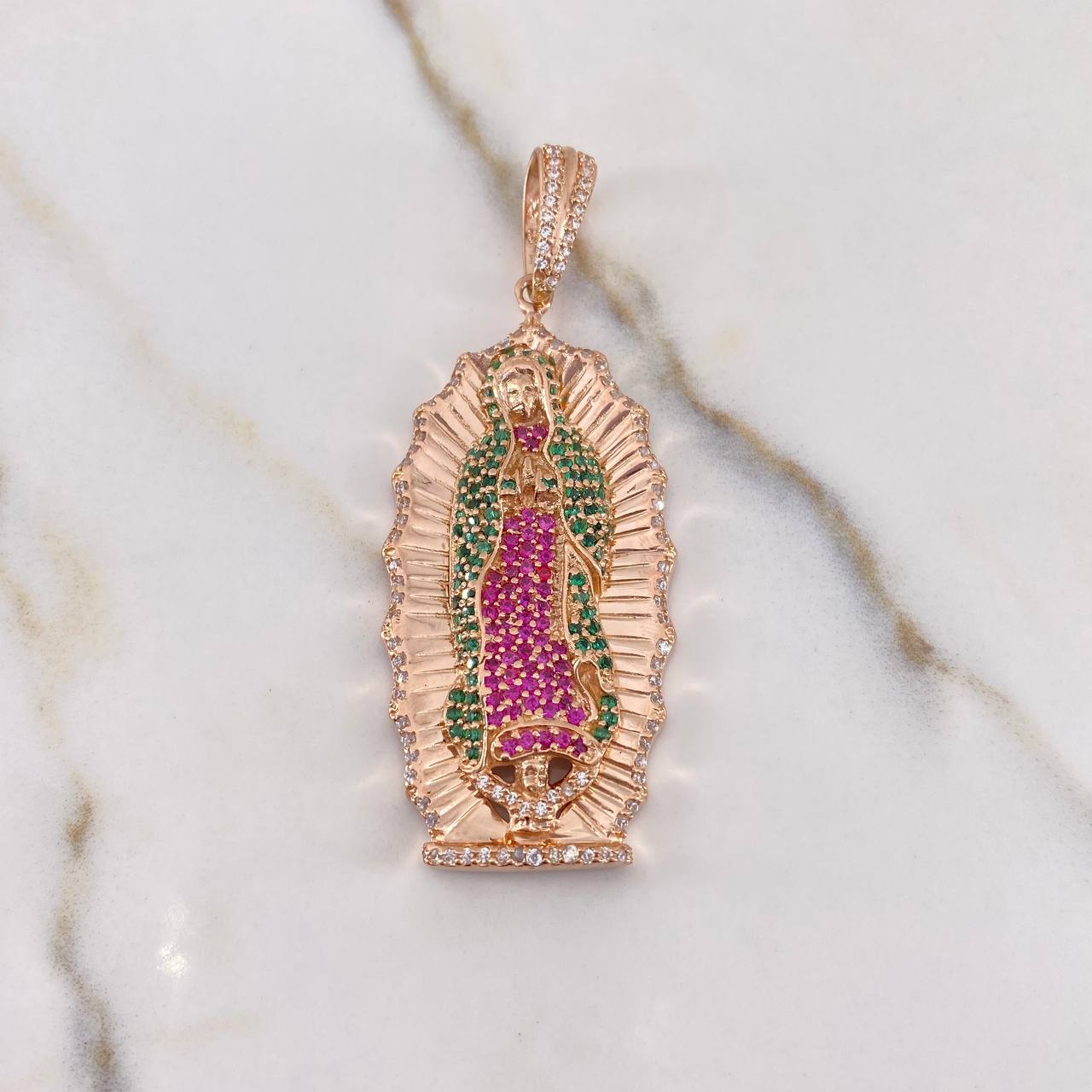 Dije Virgen Guadalupe 12.6gr / 5.9cm / Circones Verdes Fucsias Blancos Oro Rosa &