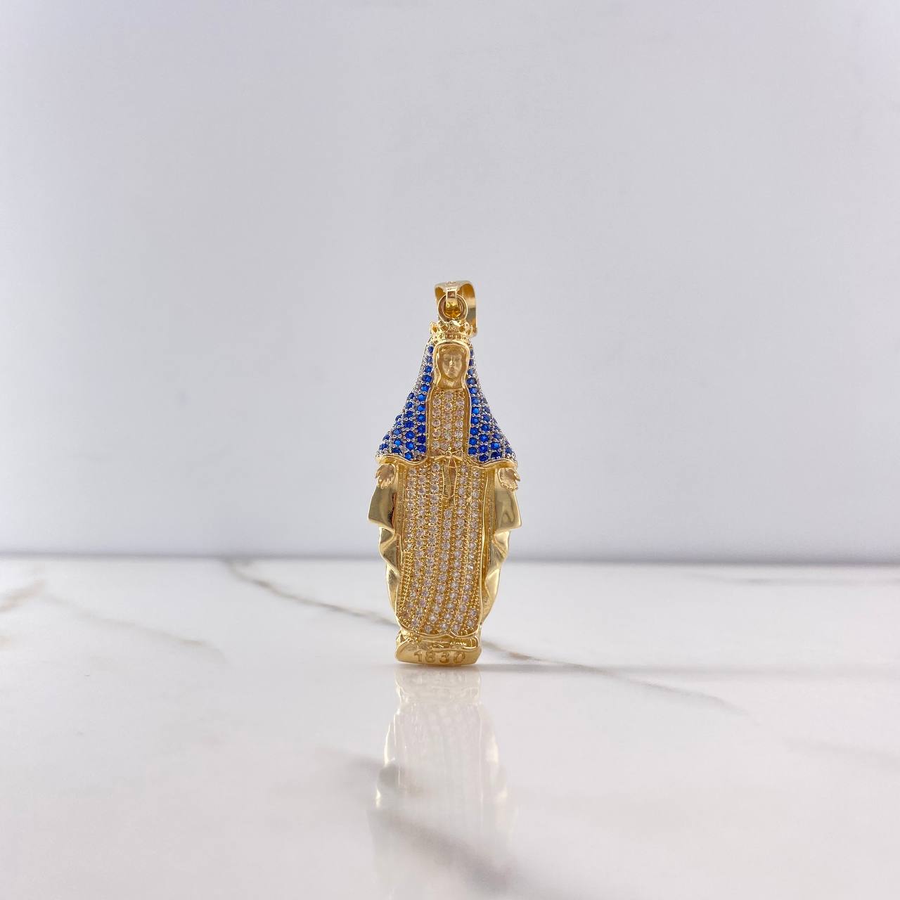 Dije Virgen Milagrosa 7.8gr / 5cm / Circones Azules Blancos Oro Amarillo $