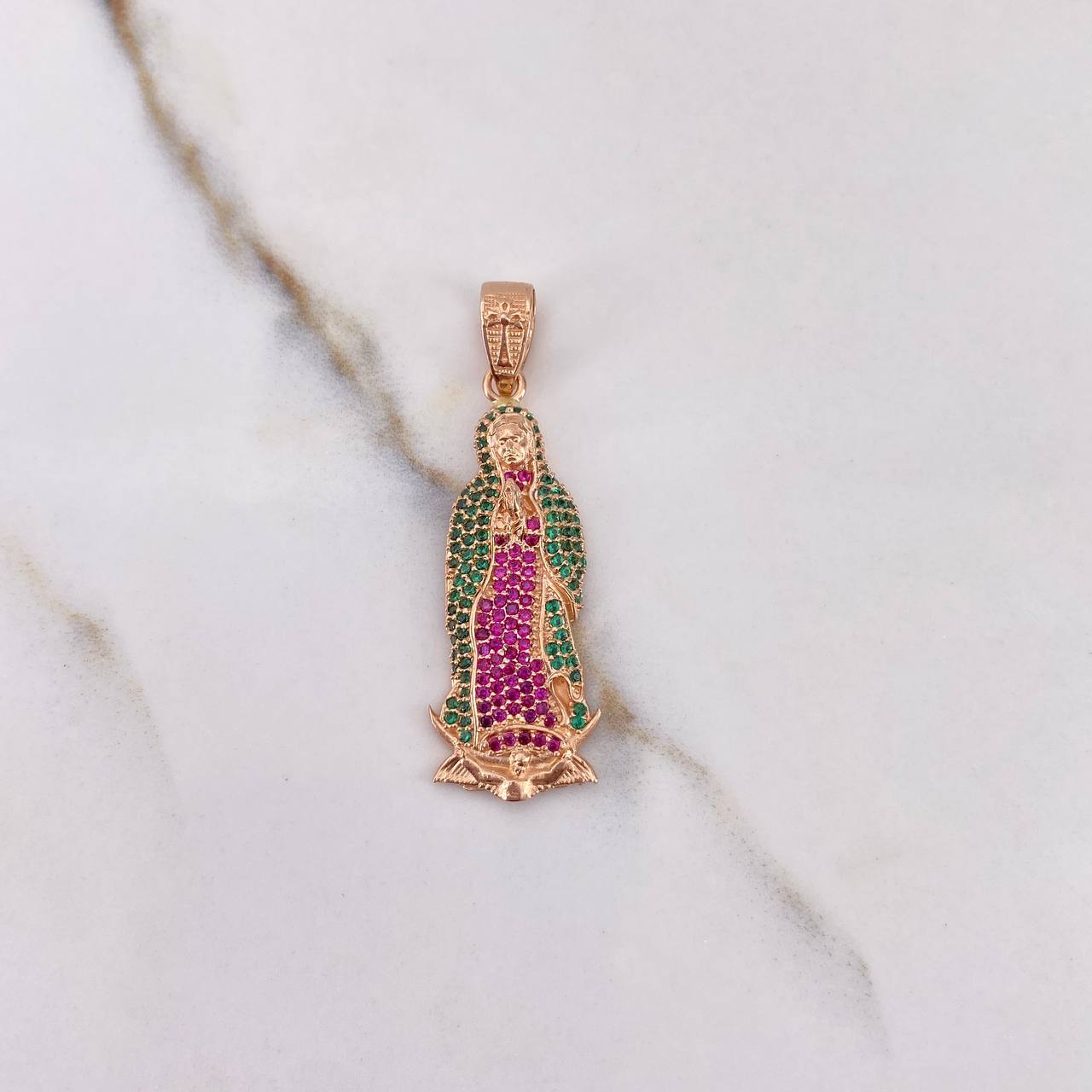 Dije Virgen De Guadalupe 5.45gr / 4.2cm / Circones Verdes Fucsias Oro Rosa $