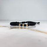 Pulsera Tejido Plano Negra 0.3gr / 4mm-5mm Bolas Lisas Oro Amarillo &