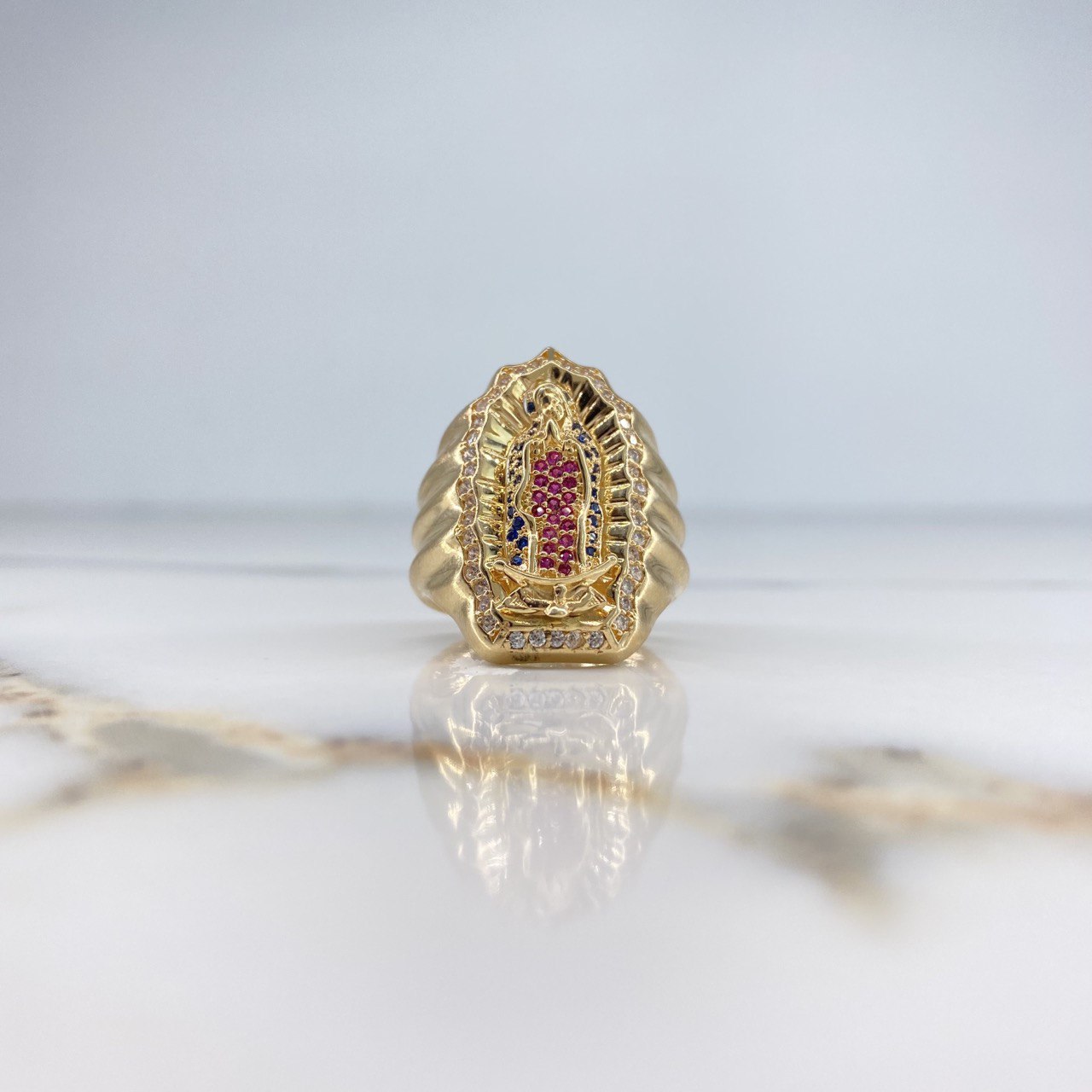 Anillo Virgen De Guadalupe 11.6gr / T9 / Circones Azules Blancos Fucsias Oro Amarillo &