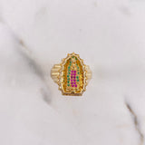 Anillo Virgen Guadalupe 6.3gr / T7 1/4 / Circones Blancos-Fucsias-Verdes Oro Amarillo $