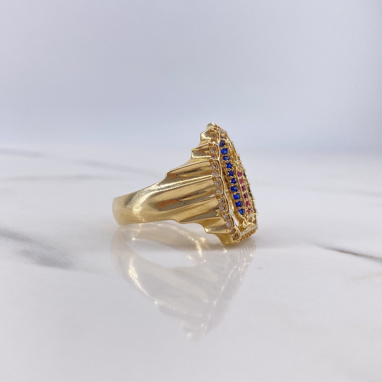 Anillo Virgen Guadalupe 7.5gr / T8 / Circones Azules-Blanco-Fucsias Oro Amarillo $