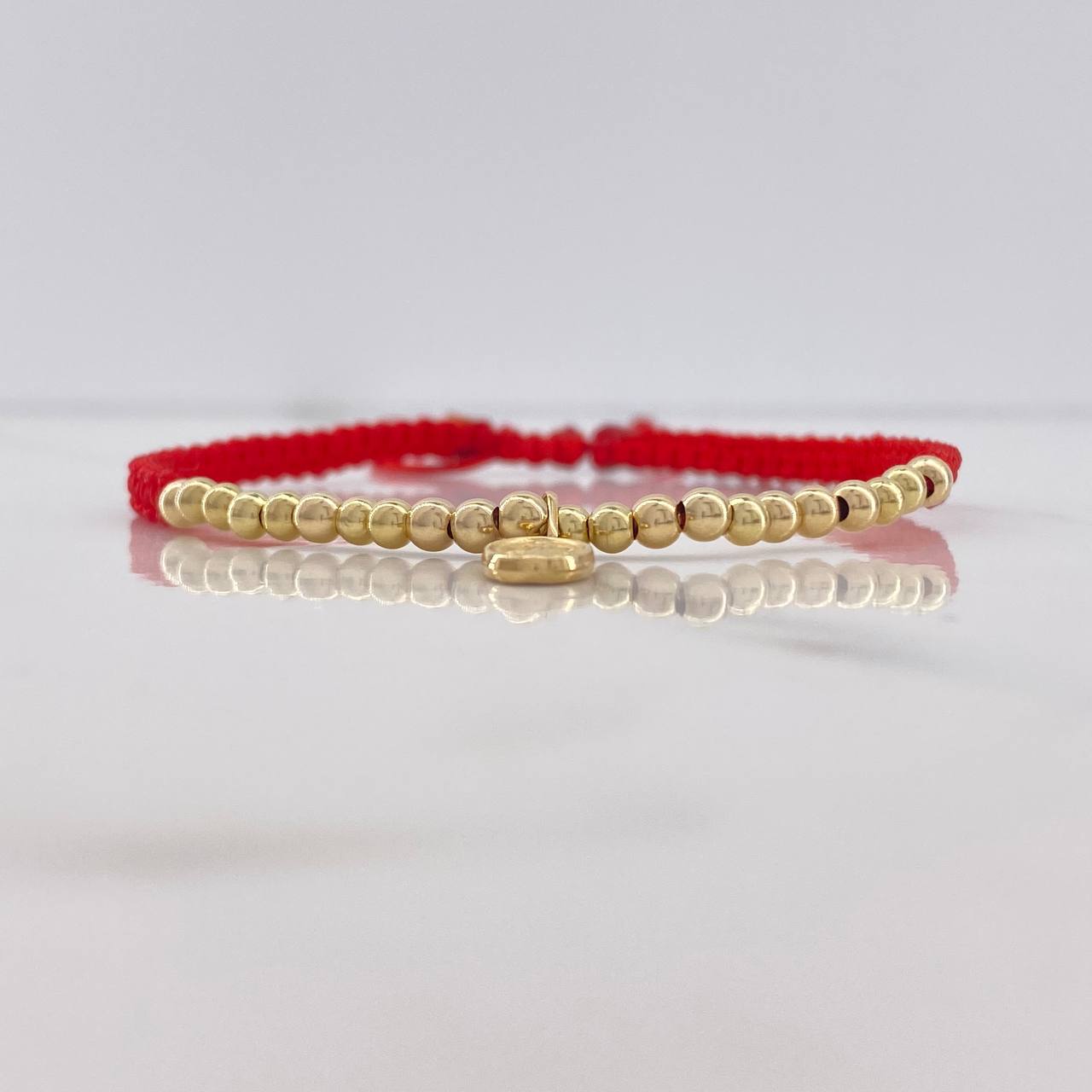 Pulsera Roja Virgen Milagrosa 1.3gr / 3mm Bolas Lisas Oro Amarillo $