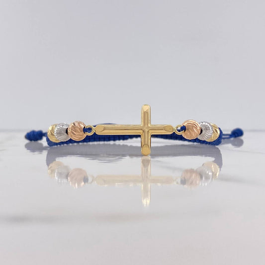 Pulsera Azul Cruz 2.6gr / 6mm Bolas Diamantadas Tres Oros $