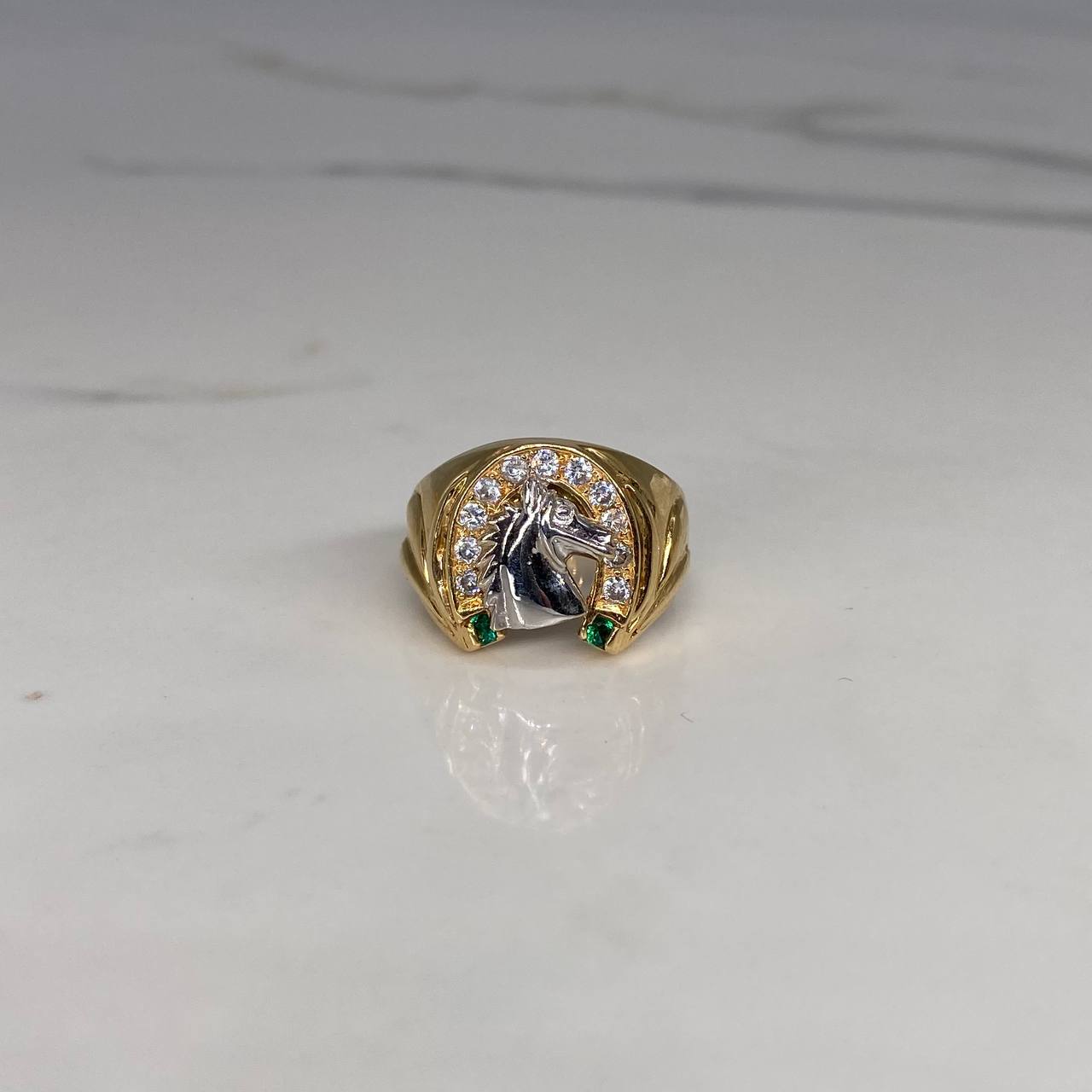 Anillo Caballo Herradura 9.2gr / T9 3/4 Circones Blancos Verdes  Dos Oros Amarillo Blanco$