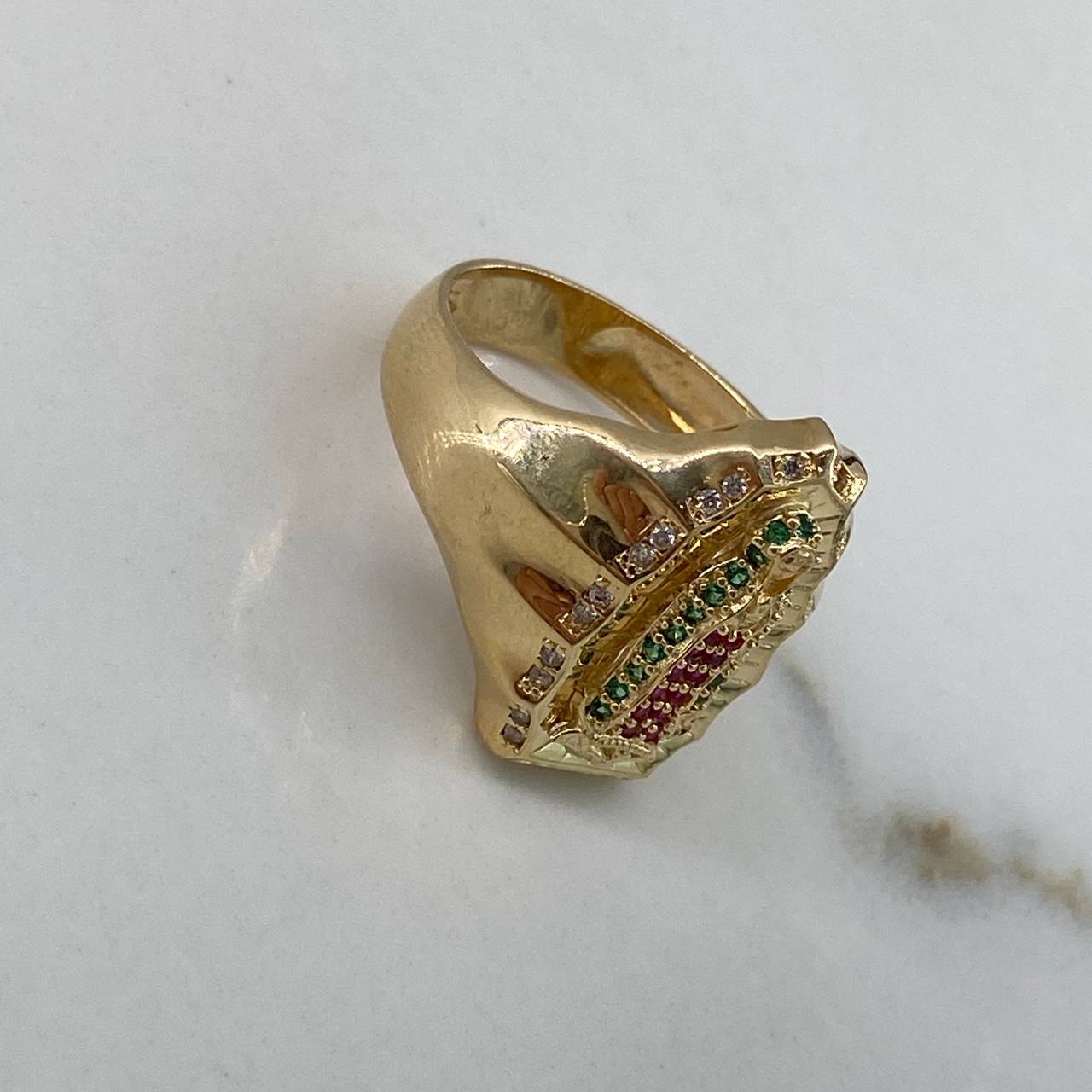 Anillo Virgen Guadalupe  6.7gr / T8 / Circones Blancos Verdes Fucsia   Oro Amarillo$