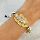 Pulsera Negra Virgen Guadalupe 15.5gr / 8mm-4mm Bolas Diamantadas 18 und Circones Blancos Dos Oros Amarillo Blanco ©