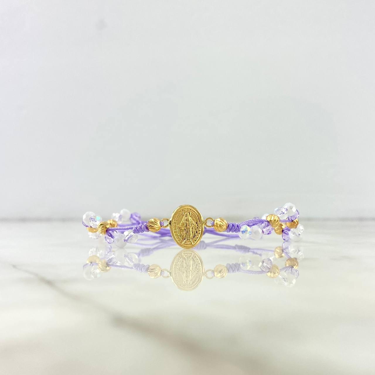 Pulsera Lila Virgen Milagrosa Ramificada 1.3gr / 4mm Bolas Diamantadas 8 und Oro Amarillo