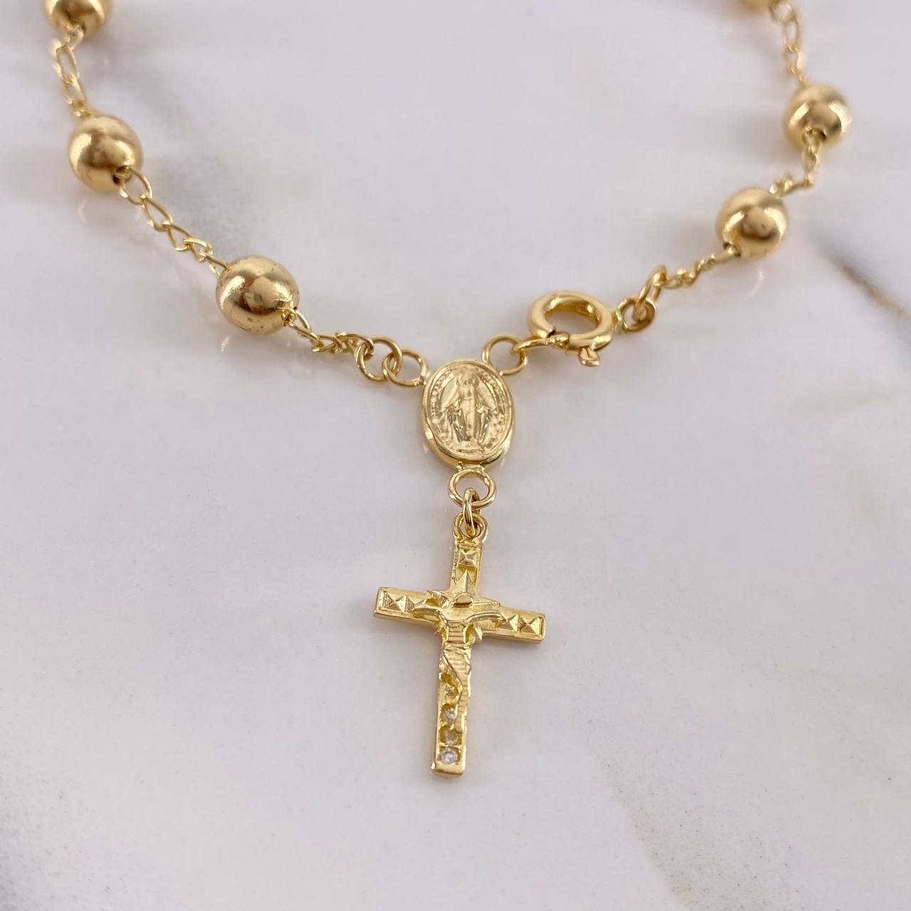 Pulso Denario Virgen Milagrosa 4.35gr / 19cm / 4.5mm Bolas Lisas Circón Blanco Oro Amarillo $