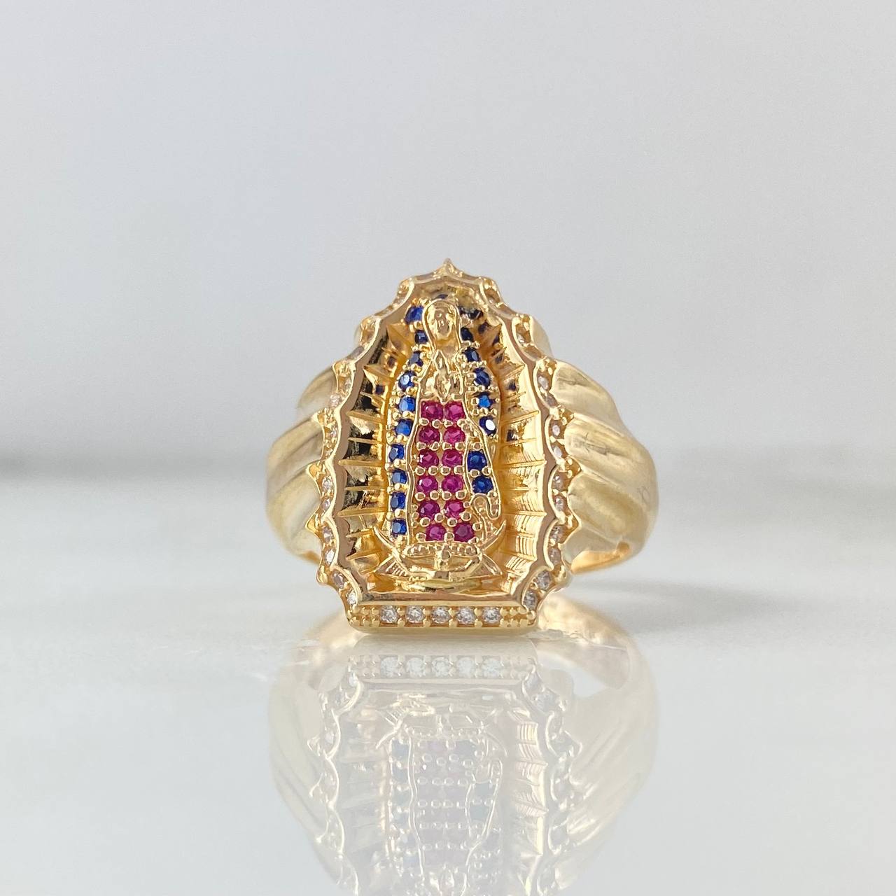 Anillo Silueta Virgen Guadalupe 7.55gr / T7 / Circones Blancos Azules Fucsias Oro Amarillo