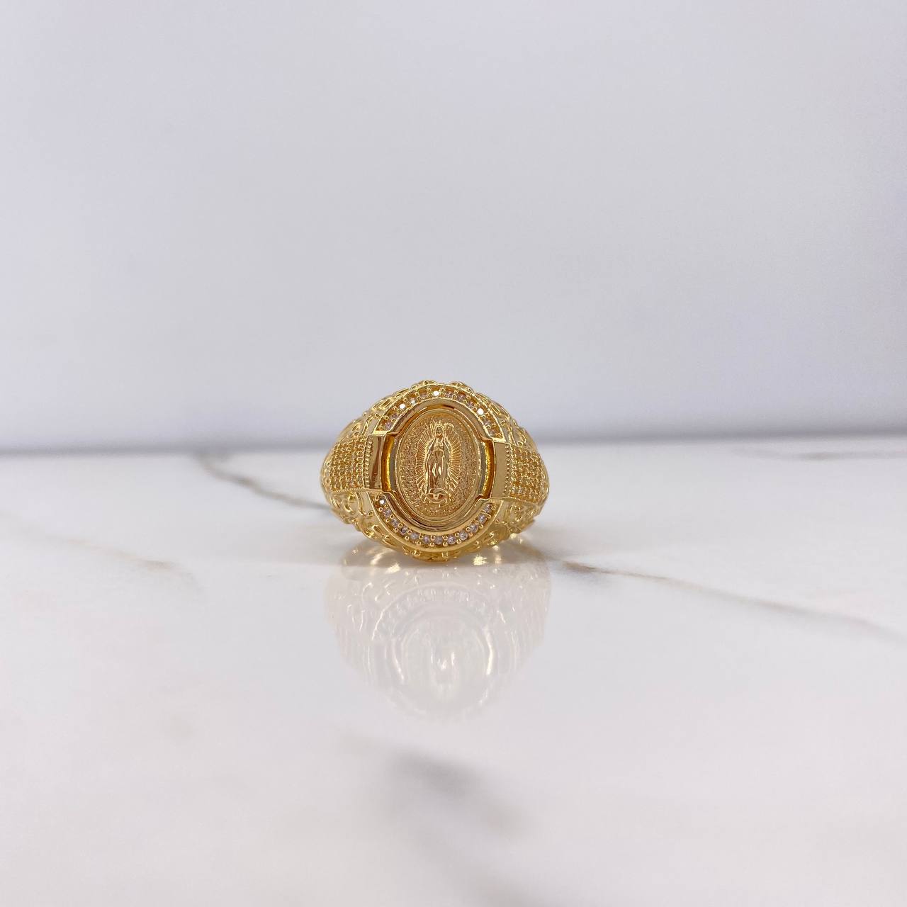 Anillo Virgen Guadalupe Cinturon 11.25gr / T11 1/2 / Arabescos Circones Blancos Oro Amarillo $