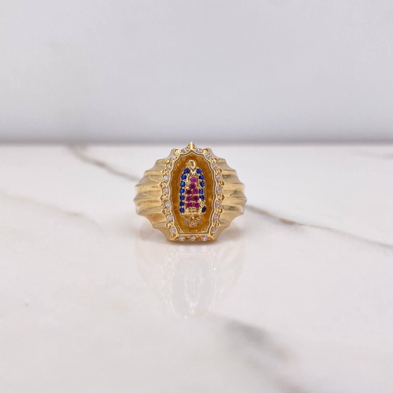 Anillo Virgen Guadalupe 6.15gr / T9 3/4 / Circones Blancos Azules Fucsias Oro Amarillo &