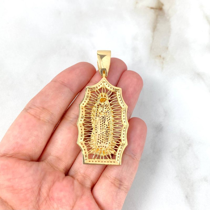 Dije Virgen Guadalupe 12.85gr / 4.8cm / Filigrana Circones Blancos Verdes Fucsias Oro Amarillo