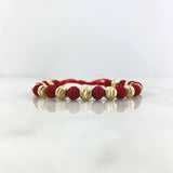 Pulsera Roja Intercalada 3.65gr / 6mm Bolas Satinadas 12 Und Neoprenos Rayados Oro Amarillo *