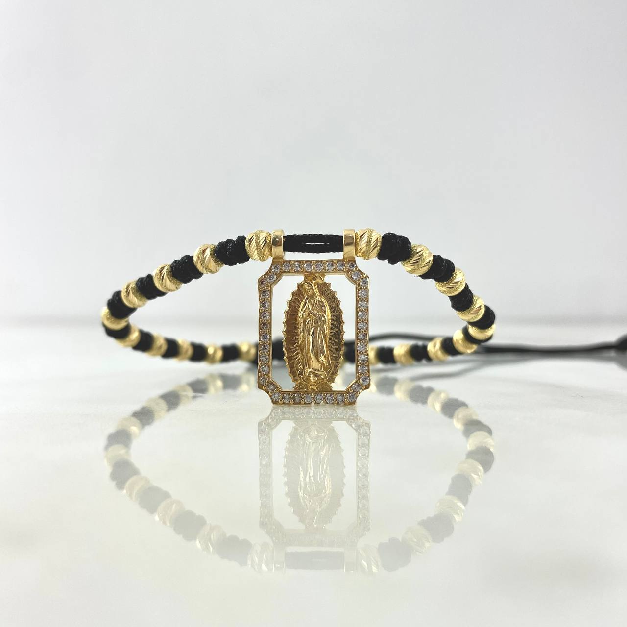 Pulsera Negra Escapulario 5.35gr / 4mm Bolas Satinadas 20 Und Oro Amarillo *