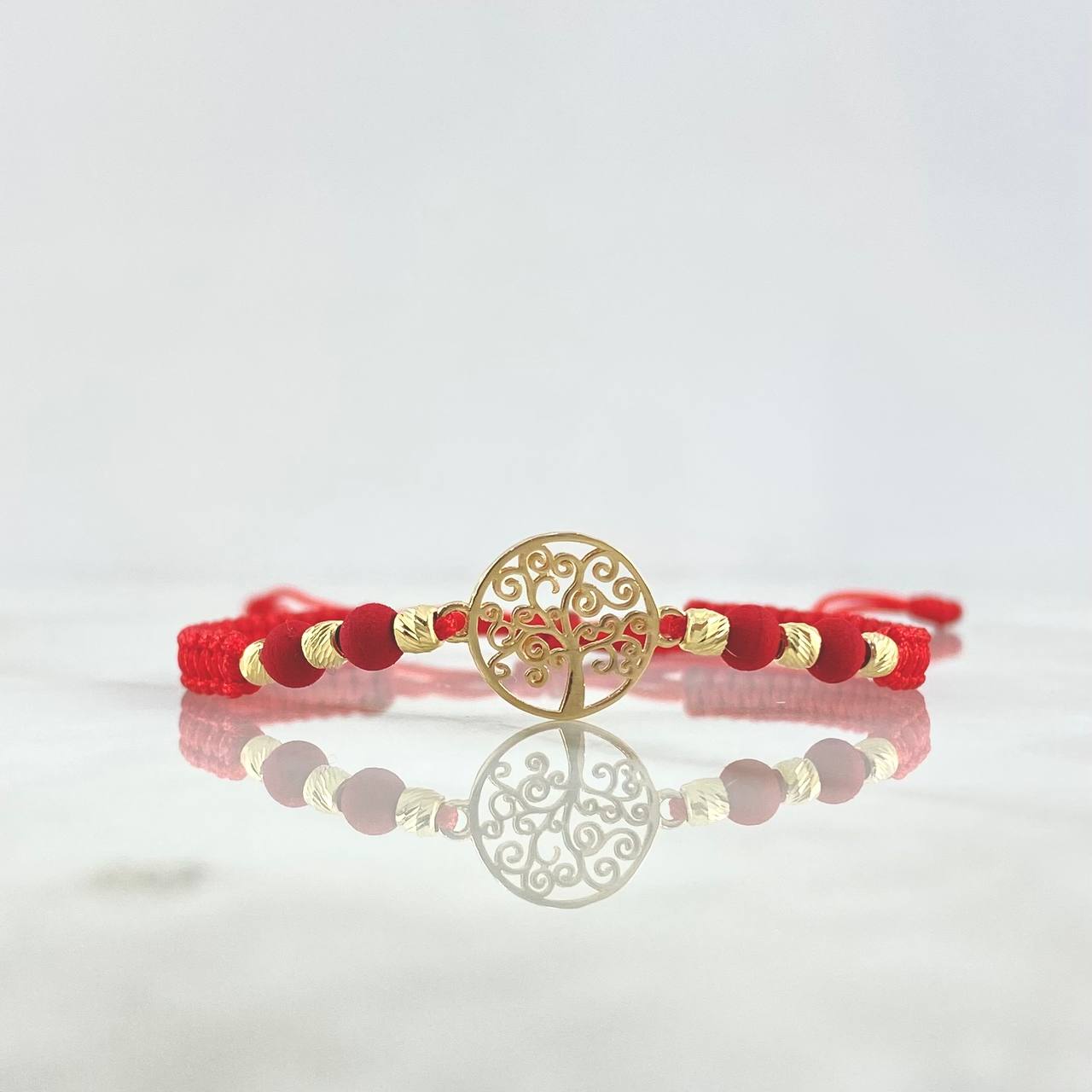 Pulsera Roja Árbol De La Vida Liso 1gr / 3mm Bolas Diamantadas 6 Und Oro Amarillo ©