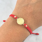 Pulsera Roja San Benito Medalla 1gr / 4mm Bolas Diamantadas 2 Und Oro Amarillo