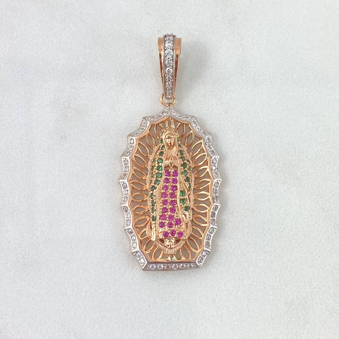 Dije Virgen Guadalupe 5.85gr / 4cm / Filigrana Circones Blancos Verdes Fucsias Dos Oros Blanco Rosa