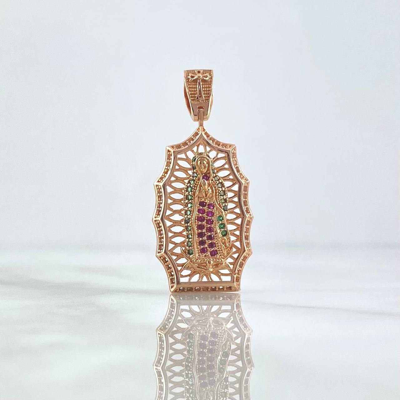 Dije Virgen Guadalupe 4.55gr / 3.7cm / Circones Blancos Verdes Y Fucsias Oro Rosa ©