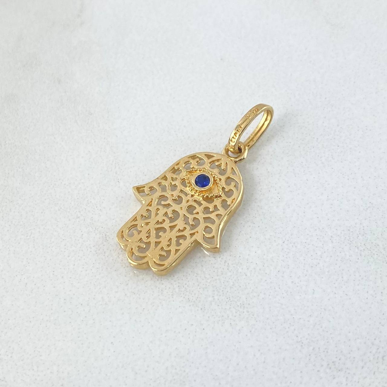 Dije Mano Hamsa Ojo Mistico 1.2gr / 2.4cm / Circon Azul Oro Amarillo ©