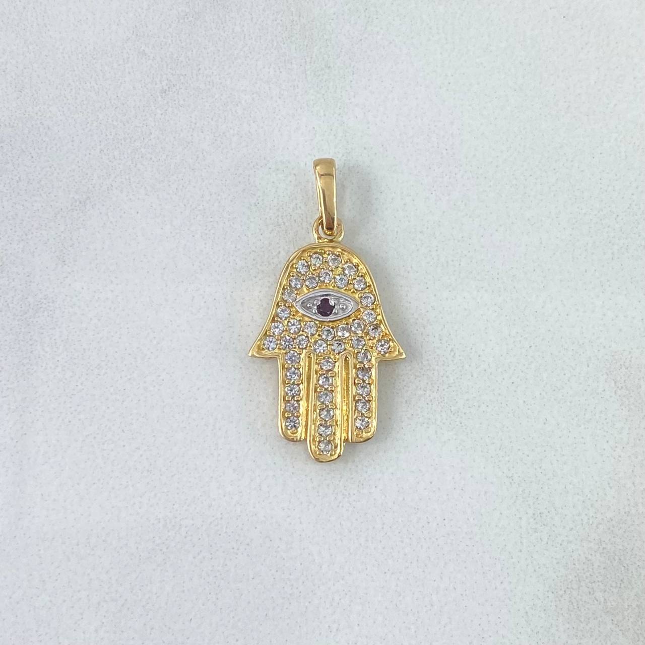 Dije Mano Hamsa Ojo Mistico 2.4gr / 2.6cm / Circones Blancos Y Rojo Oro Amarillo