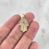 Dije Mano Hamsa Ojo Mistico 2.4gr / 2.6cm / Circones Blancos Y Rojo Oro Amarillo