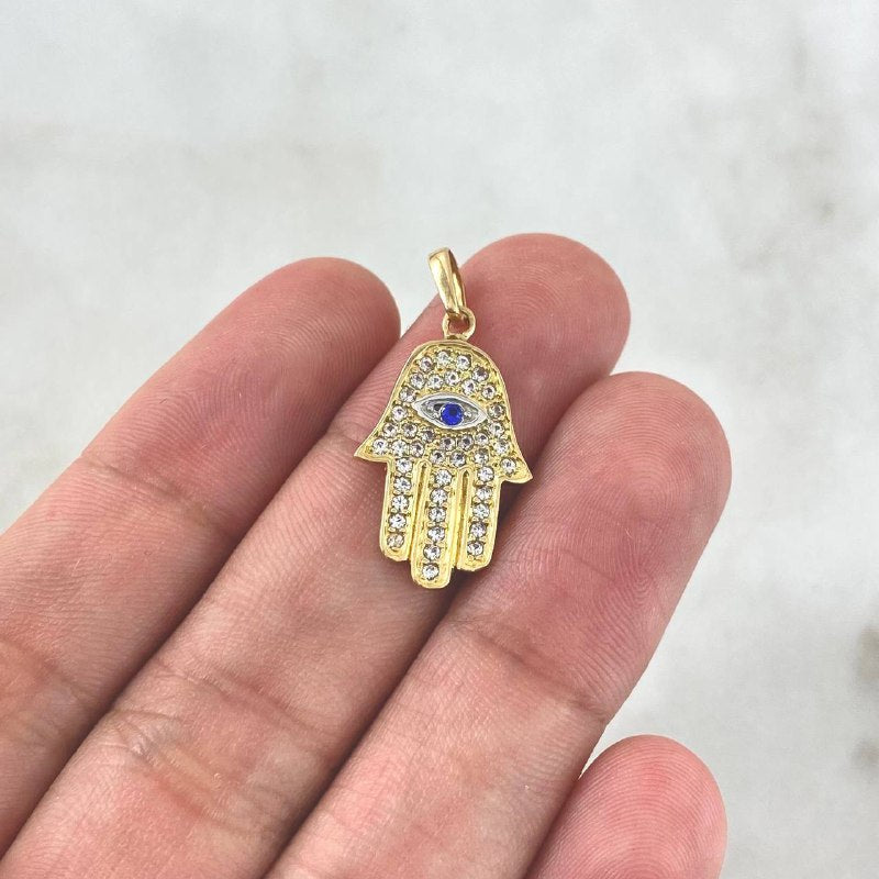 Dije Mano Hamsa Ojo Mistico 2.35gr / 2.6cm / Circones Blancos Y Azul Oro Amarillo