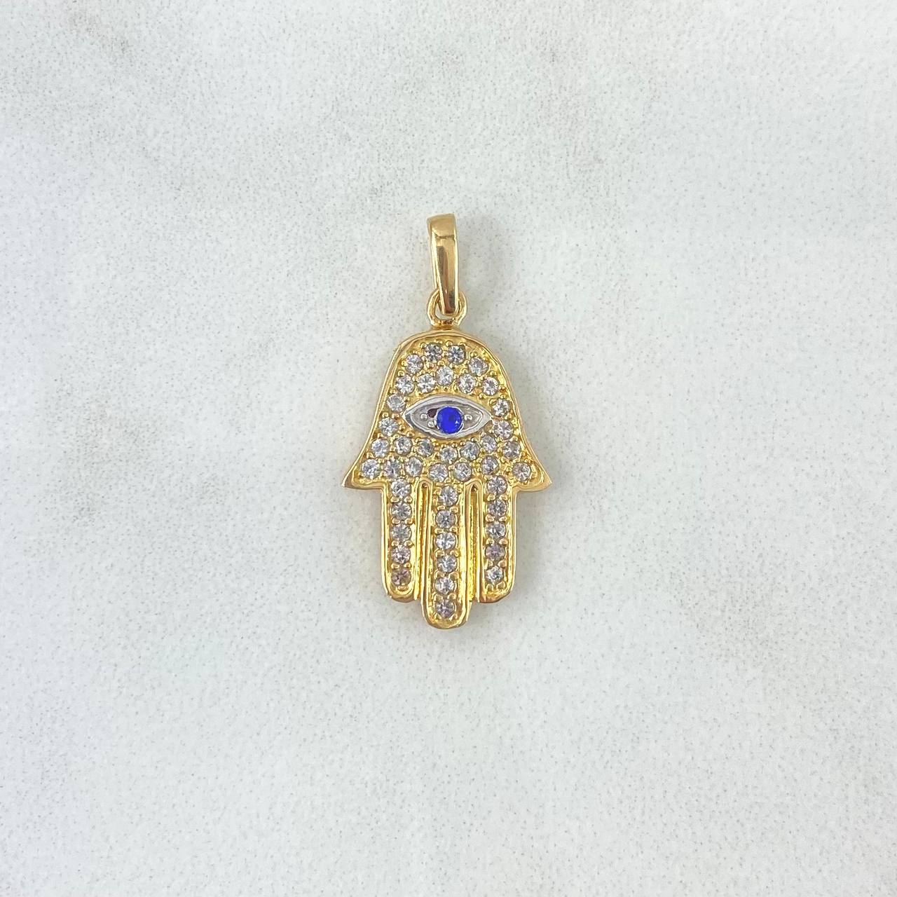 Dije Mano Hamsa Ojo Mistico 2.35gr / 2.6cm / Circones Blancos Y Azul Oro Amarillo