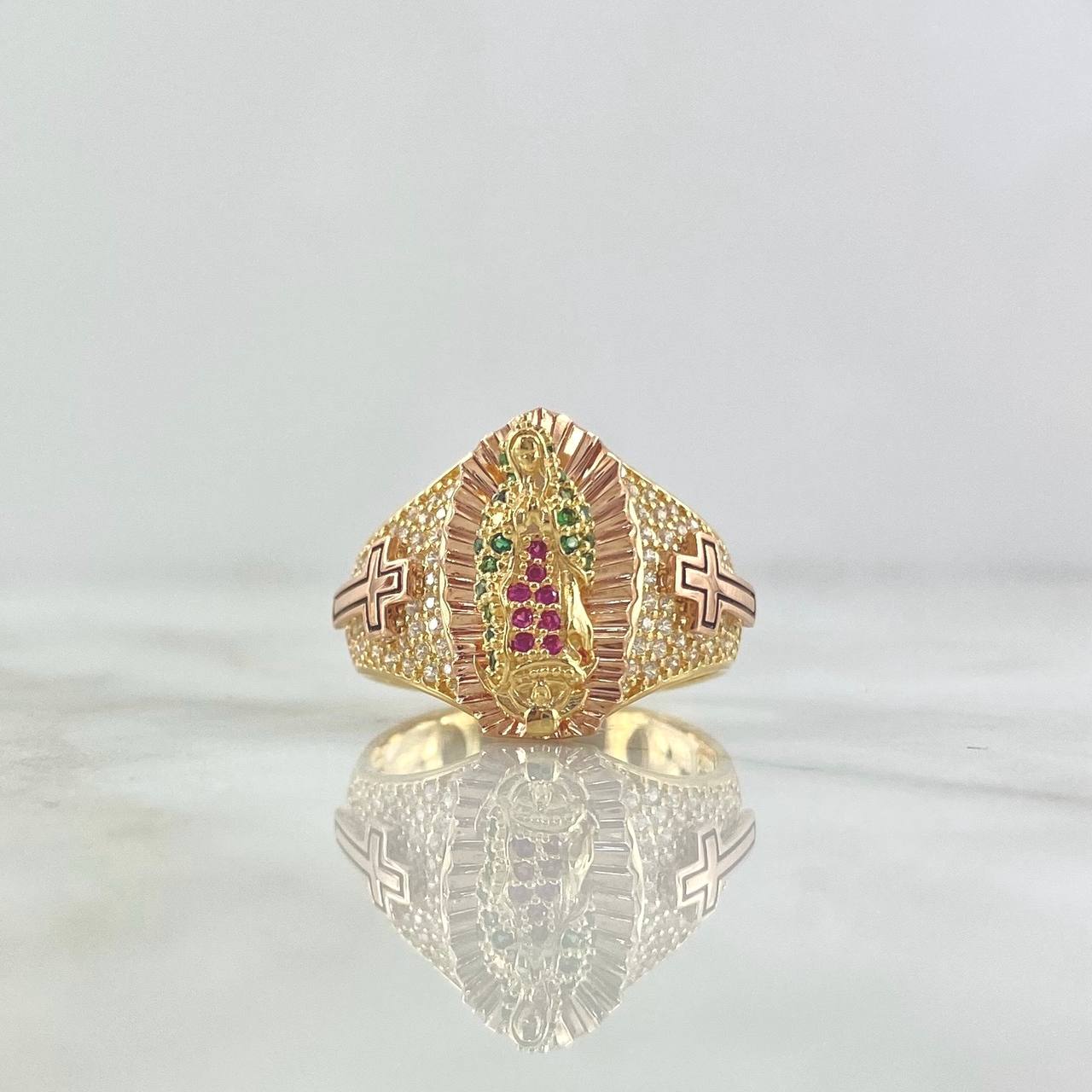 Anillo Cruces Virgen De Guadalupe Silueta  8gr / T8 1/2 / Circones Blancos Verdes Y Fucsias Dos Oros Amarillo Rosa