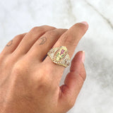 Anillo Cruces Virgen De Guadalupe Silueta  8gr / T8 1/2 / Circones Blancos Verdes Y Fucsias Dos Oros Amarillo Rosa