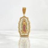 Dije Virgen Guadalupe Filigrana 4.55gr / 3.7cm / Circones Blancos Verdes Fucsias Oro Amarillo 18K