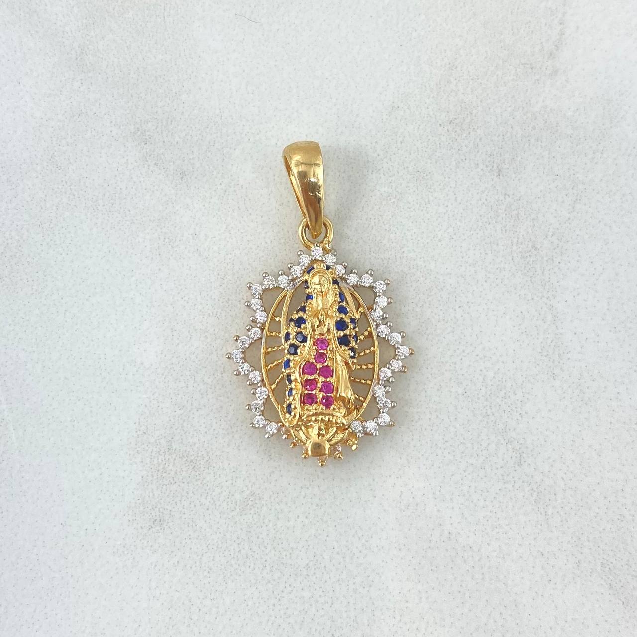 Dije Virgen Guadalupe 2.7gr / 2.6cm / Circones Blancos - Azules - Fucsias - Estrella Filigrana Oro Amarillo