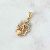 Dije Virgen Guadalupe 2.7gr / 2.6cm / Circones Blancos - Azules - Fucsias - Estrella Filigrana Oro Amarillo