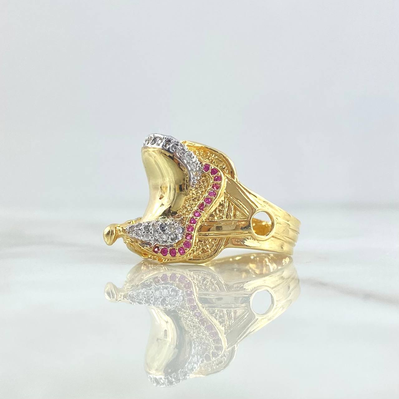 Anillo Montura De Caballo 7.35gr / T10 1/4 / Circones Blancos Y Fucsias Oro Amarillo ©